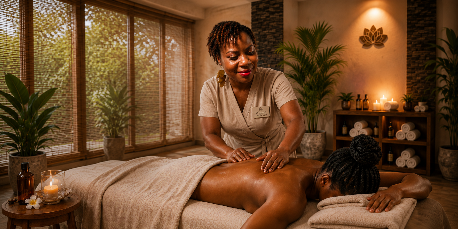 A mobile wellness therapist preparing a massage table in a peaceful private home
